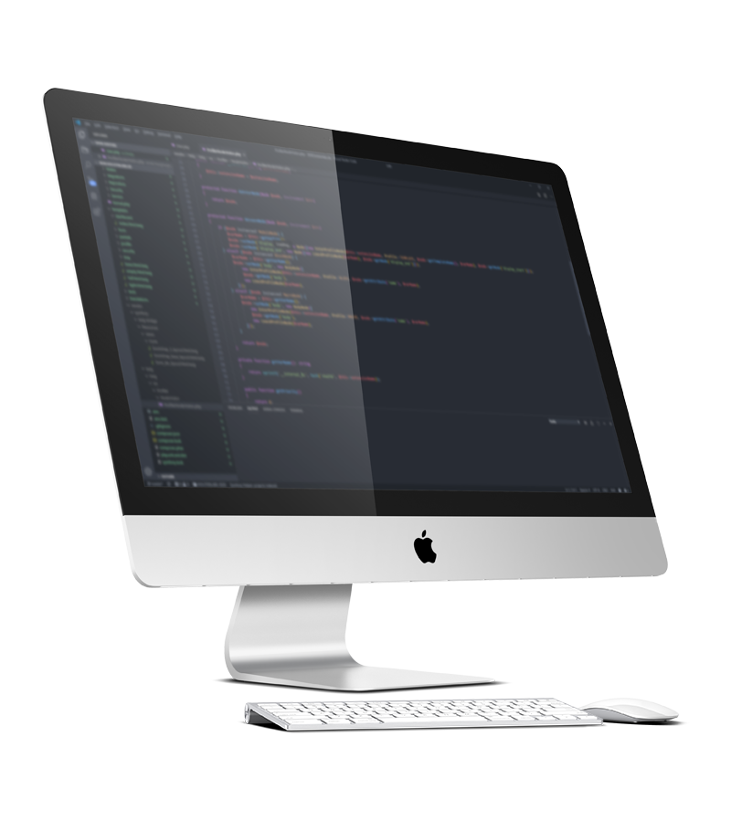 Seitliche Ansicht eines Apple iMac mit einem geöffneten Code-Editor auf dem Bildschirm, der Quellcode anzeigt. Auf dem Schreibtisch befinden sich eine kabellose Tastatur und Maus.