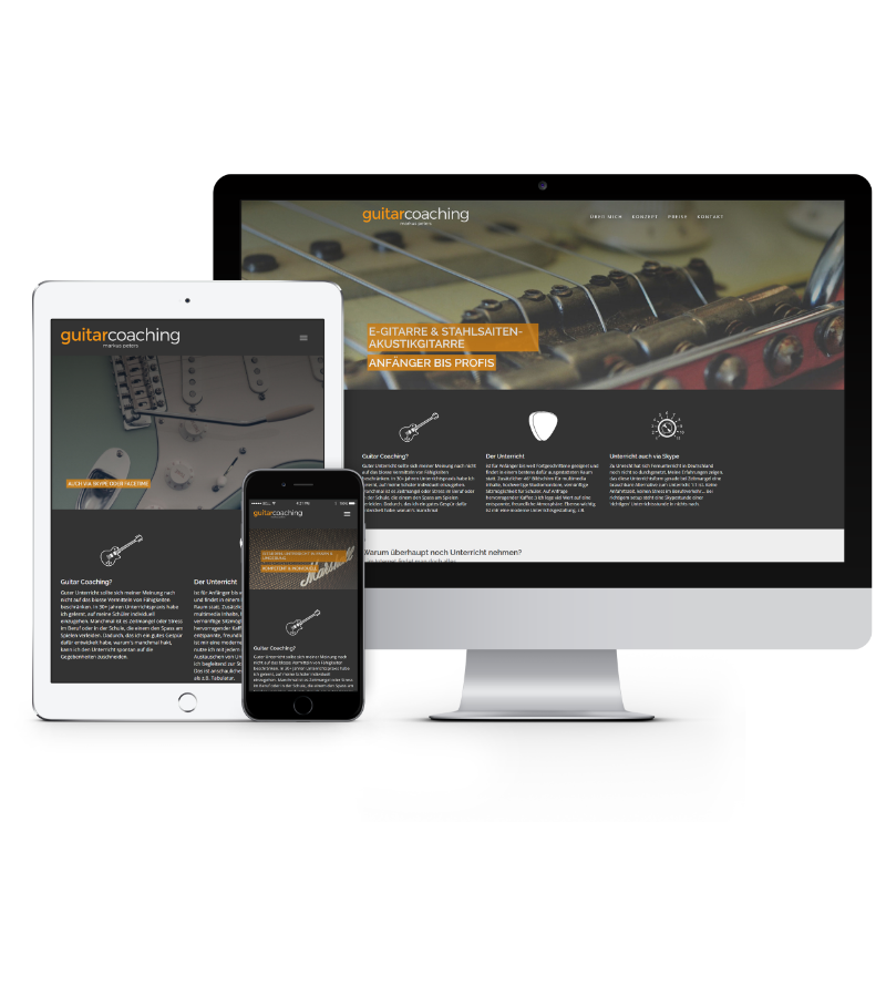 Responsive Website für Gitarrenunterricht, dargestellt auf verschiedenen Geräten (Tablet, Smartphone, Desktop). Das Design ist modern und verwendet dunkle Töne mit gelben Akzenten. Text und Bilder sind klar und strukturiert angeordnet.